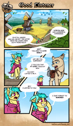 Size: 2220x3812 | Tagged: safe, artist:helmie-art, imported from derpibooru, oc, oc only, oc:karoline skies, earth pony, pony, bag, bald, beard, clothes, comic, dialogue, duo, facial hair, female, freckles, grin, jewelry, male, mare, necklace, nervous, nervous grin, robe, saddle bag, scenery, smiling, speech bubble, stallion, windmill