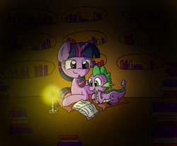 Size: 1024x843 | Tagged: source needed, safe, artist:silver meadow, imported from derpibooru, spike, twilight sparkle, alicorn, dragon, pony, book, candle, cute, female, male, mare, pillow, reading, spikabetes, spikelove, twilight sparkle (alicorn)