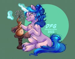 Size: 2029x1595 | Tagged: safe, artist:dragonfoxgirl, imported from derpibooru, izzy moonbow, pony, unicorn, clay, female, g5, magic, mare, pottery, signature, simple background, smiling, solo, telekinesis