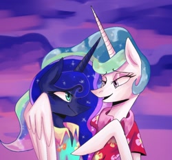 Size: 1058x980 | Tagged: safe, artist:griffingade, imported from derpibooru, princess celestia, princess luna, alicorn, pony, between dark and dawn, duo, female, hug, looking at each other, looking at someone, mare, royal sisters, scene interpretation, siblings, sisters, winghug, wings