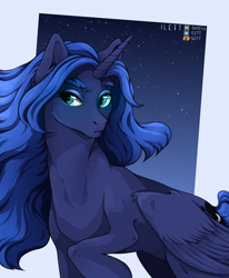 Size: 1050x1275 | Tagged: safe, artist:ilettfox, imported from derpibooru, princess luna, alicorn, pony, abstract background, alternate hairstyle, female, mare, night, signature, sky, solo, stars