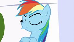 Size: 1280x720 | Tagged: safe, imported from derpibooru, screencap, rainbow dash, pegasus, pony, season 9, sparkle's seven, spoiler:s09, crossed hooves, eyebrows, female, mare, pouting, rainbow dash is not amused, refusal, solo, unamused