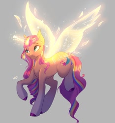 Size: 1134x1211 | Tagged: safe, artist:moonlight23345, imported from derpibooru, sunny starscout, alicorn, pony, artificial alicorn, artificial horn, artificial wings, augmented, female, g5, gray background, horn, magic, magic horn, magic wings, mare, race swap, simple background, solo, sunnycorn, wings