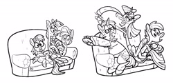 Size: 2414x1174 | Tagged: safe, artist:jimmyjamno1, imported from derpibooru, button mash, snails, snips, earth pony, pony, unicorn, age progression, alternate design, alternate universe, black and white, colt, controller, couch, female, foal, glasses, glitter shell, grayscale, hoof hold, male, mare, monochrome, older, older button mash, older snails, older snips, simple background, stallion, transgender, trio, white background