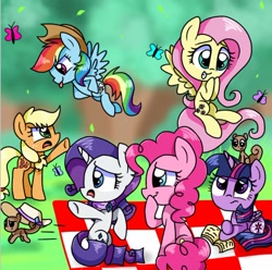 Size: 1024x1015 | Tagged: source needed, safe, artist:silver meadow, imported from derpibooru, applejack, fluttershy, pinkie pie, rainbow dash, rarity, twilight sparkle, alicorn, butterfly, earth pony, pegasus, pony, squirrel, unicorn, accessory theft, female, mane six, picnic blanket, tongue out, twilight sparkle (alicorn)