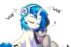 Size: 2664x1756 | Tagged: safe, artist:kaylemi, imported from derpibooru, dj pon-3, octavia melody, vinyl scratch, earth pony, pony, unicorn, blushing, chest fluff, cute, duo, eyes closed, female, leaning, lesbian, mare, music, question mark, scratchtavia, shipping, simple background, sleeping, tavisub, vinylbetes, white background, wub