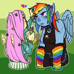 Size: 1024x1024 | Tagged: safe, artist:arcaneclown, imported from derpibooru, fluttershy, rainbow dash, anthro, pegasus, commission, female, flower, flower in hair, flutterdash, grumpy, heart, height difference, human facial structure, lesbian, shipping