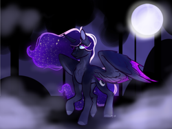 Size: 984x738 | Tagged: safe, artist:tyotheartist1, imported from derpibooru, princess luna, alicorn, pony, detailed background, ethereal mane, female, fog, mare, moon, night, solo, starry mane, wings