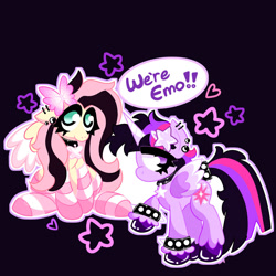 Size: 1280x1280 | Tagged: safe, artist:ammerss, imported from derpibooru, fluttershy, twilight sparkle, alicorn, pegasus, pony, black background, clothes, duo, emo, emo twilight, emoshy, eyeshadow, makeup, redraw, simple background, socks, striped socks, studded bracelet, twilight sparkle (alicorn), we're emo