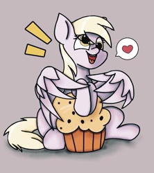 Size: 911x1024 | Tagged: safe, alternate version, artist:twiliset, imported from derpibooru, derpy hooves, pegasus, pony, food, gray, gray background, happy, heart, muffin, simple background, smiling, solo