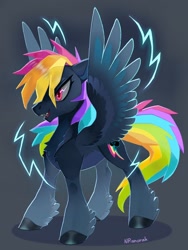 Size: 1080x1440 | Tagged: safe, artist:anoraknr, imported from derpibooru, rainbow dash, pegasus, pony, chest fluff, fangs, female, nightmare rainbow dash, nightmarified, solo, spread wings, wings