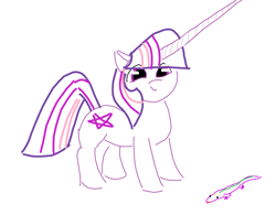 Size: 1133x883 | Tagged: safe, artist:purblehoers, imported from derpibooru, spike, twilight sparkle, lizard, pony, unicorn, female, horn, long horn, looking at you, mare, ms paint, pentagram, proud, simple background, smiling, standing, unicorn twilight, white background, wrong cutie mark