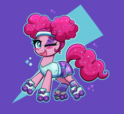 Size: 4000x3658 | Tagged: safe, artist:confetticakez, imported from derpibooru, pinkie pie, earth pony, pony, scare master, alternate hairstyle, blush sticker, blushing, clothes, colored pupils, costume, cute, diapinkes, happy, headband, high res, nightmare night costume, one eye closed, open mouth, open smile, pinkie puffs, shorts, smiling, solo, wink