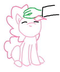 Size: 573x678 | Tagged: safe, artist:purblehoers, imported from derpibooru, pinkie pie, oc, oc:anon, earth pony, eyes closed, female, head pat, mare, ms paint, offscreen character, pat, sitting, smiling