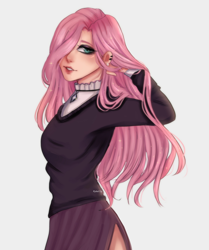Size: 2808x3363 | Tagged: safe, artist:xxminuhxx, imported from derpibooru, fluttershy, human, clothes, dress, female, fluttergoth, gray background, hair over one eye, humanized, simple background, solo