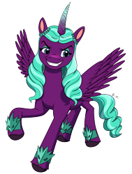 Size: 3498x4621 | Tagged: safe, artist:koolfrood, imported from derpibooru, opaline arcana, alicorn, pony, spoiler:g5, spoiler:my little pony: make your mark, absurd resolution, clip studio paint, curved horn, evil grin, eyebrows, female, g5, grin, horn, mare, my little pony: make your mark, raised hoof, simple background, smiling, solo, spread wings, transparent background, wings