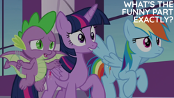 Size: 1920x1080 | Tagged: safe, edit, edited screencap, editor:quoterific, imported from derpibooru, screencap, rainbow dash, spike, twilight sparkle, alicorn, dragon, pegasus, pony, between dark and dawn, season 9, spoiler:s09, female, flying, fork, lip bite, male, mare, open mouth, spread wings, text, trio, twilight sparkle (alicorn), winged spike, wings