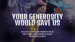 Size: 1920x1080 | Tagged: safe, edit, editor:quoterific, idw, imported from derpibooru, applejack, fluttershy, princess luna, rainbow dash, alicorn, earth pony, pegasus, pony, female, flying, mare, nightmare rarity (idw), spread wings, text, wings