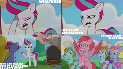 Size: 4400x2475 | Tagged: safe, edit, edited screencap, editor:quoterific, imported from derpibooru, screencap, zipp storm, pegasus, pony, spoiler:g5, spoiler:my little pony: tell your tale, spoiler:tyts01e02, :o, eyes closed, female, fifi (g5), flying, g5, grin, guardsmare, male, mare, my little pony: tell your tale, open mouth, pegasus royal guard, royal guard, smiling, spread wings, stallion, text, thunder flap, windy (g5), wings, zipp's flight school, zoom zephyrwing
