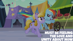 Size: 1920x1080 | Tagged: safe, edit, edited screencap, editor:quoterific, imported from derpibooru, screencap, amber waves, rainbow dash, earth pony, pegasus, pony, season 3, the crystal empire, duo, female, flying, mare, open mouth, open smile, smiling, spread wings, text, wings