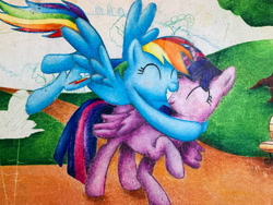 Size: 2048x1536 | Tagged: safe, artist:taylorlynn04art, imported from derpibooru, rainbow dash, twilight sparkle, alicorn, pegasus, pony, female, hug, lesbian, shipping, traditional art, twidash, twilight sparkle (alicorn)