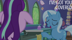 Size: 1920x1080 | Tagged: safe, edit, edited screencap, editor:quoterific, imported from derpibooru, screencap, starlight glimmer, trixie, pony, unicorn, all bottled up, season 7, duo, eyes closed, female, floppy ears, mare, open mouth, open smile, smiling, text, twilight's castle