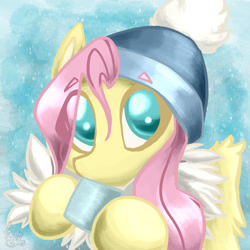 Size: 1280x1280 | Tagged: safe, artist:battybytes, imported from derpibooru, fluttershy, pegasus, pony, bust, clothes, cute, female, hat, hoof hold, looking at you, mare, mug, shyabetes, solo, stray strand, wings, winter hat, winter outfit