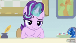 Size: 640x360 | Tagged: safe, imported from derpibooru, screencap, starlight glimmer, pony, unicorn, marks for effort, season 8, animated, blinking, chocolate, drink, empathy cocoa, female, food, gif, gifs.com, grin, hot chocolate, inkwell, magic, mare, marshmallow, mug, open mouth, open smile, quill, school of friendship, smiling, solo, starlight's office, telekinesis