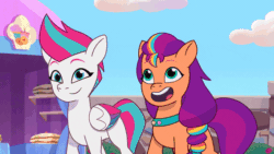 Size: 600x338 | Tagged: safe, imported from derpibooru, screencap, sunny starscout, zipp storm, earth pony, pegasus, pony, spoiler:g5, spoiler:my little pony: tell your tale, spoiler:tyts01e11, animated, believe it, cheering, dancing, eyes closed, female, g5, gif, looking at each other, looking at someone, mare, maretime bay day 2.0, my little pony: tell your tale, open mouth, open smile, reprise, smiling, youtube link
