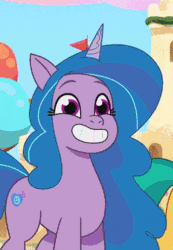 Size: 257x372 | Tagged: safe, edit, imported from derpibooru, screencap, izzy moonbow, pony, unicorn, spoiler:g5, spoiler:my little pony: tell your tale, spoiler:tyts01e11, animated, cropped, female, g5, gif, mare, maretime bay day 2.0, my little pony: tell your tale, smiling, solo, youtube link