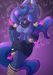 Size: 2480x3508 | Tagged: safe, artist:sugaryviolet, imported from derpibooru, princess luna, anthro, armpit tickling, crying, laughing, solo, tears of laughter, tickle torture, tickling