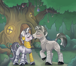 Size: 1280x1109 | Tagged: safe, artist:smirk, imported from derpibooru, zecora, oc, hybrid, zebra, zony, canon x oc, everfree forest, female, kissing, male, shipping, straight, zecora's hut