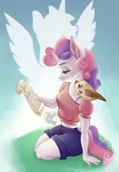 Size: 2858x4096 | Tagged: safe, artist:mishi_ovo, imported from derpibooru, owlowiscious, sweetie belle, anthro, unicorn, 2021, clothes, implied princess twilight, implied twilight sparkle, old art, older, older sweetie belle, scroll, shorts, solo focus, wasp waist