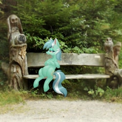 Size: 3500x3500 | Tagged: safe, artist:mishi_ovo, imported from derpibooru, lyra heartstrings, pony, unicorn, bench, crossed hooves, irl, meme, photo, ponies in real life, real life background, sitting, sitting lyra, solo