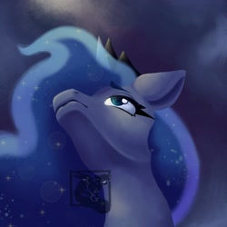 Size: 2048x2048 | Tagged: safe, artist:mishi_ovo, imported from derpibooru, princess luna, alicorn, pony, bust, looking up, low angle, night, solo