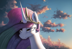 Size: 3330x2272 | Tagged: safe, artist:suhar, imported from derpibooru, princess celestia, alicorn, pony, princess molestia, bust, cloud, crown, female, frown, glare, grumpy, high res, horn, jewelry, mare, multicolored mane, regalia, sky, solo