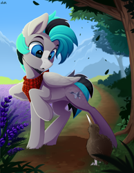 Size: 3500x4500 | Tagged: safe, artist:rainbowfire, imported from derpibooru, oc, oc only, oc:andromeda, bird, kiwi, pegasus, pony, bandage, blue eyes, clothes, cute, day, detailed, detailed background, f-15 eagle, flower, forest, forest background, grass, grass field, handkerchief, jet, jet fighter, jet plane, jewelry, looking at you, male, mountain, open mouth, path, raised hoof, sky, solo, stallion, sunlight, wings