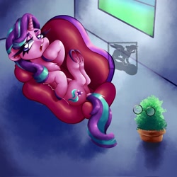 Size: 2048x2048 | Tagged: safe, artist:mishi_ovo, imported from derpibooru, phyllis, starlight glimmer, pony, unicorn, butt, couch, floppy ears, glasses, glimmer glutes, lying down, on back, plot, potted plant, talking