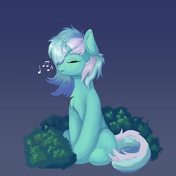 Size: 2048x2048 | Tagged: safe, artist:wyvernthedragon, imported from derpibooru, lyra heartstrings, pony, unicorn, bush, chest fluff, eyes closed, gradient background, singing, sitting, solo