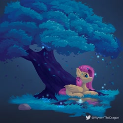 Size: 2048x2048 | Tagged: safe, artist:wyvernthedragon, imported from derpibooru, fluttershy, pegasus, pony, female, leaves, mare, puddle, solo, tree, under the tree