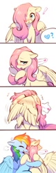 Size: 330x1024 | Tagged: safe, artist:swaybat, imported from derpibooru, fluttershy, rainbow dash, pegasus, pony, adorable distress, blushing, comic, covering, cute, ear fluff, exclamation point, eyes closed, female, flutterdash, hair over one eye, heart, hug, lesbian, looking at you, mare, offscreen character, shipping, shy, shyabetes, simple background, speech bubble, white background, wing covering, wings