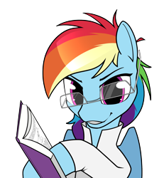 Size: 1700x1900 | Tagged: safe, artist:dacaoo, imported from derpibooru, rainbow dash, pegasus, pony, semi-anthro, book, clothes, egghead, egghead dash, female, glasses, looking at you, mare, simple background, smiling, solo, transparent background, upside down glasses