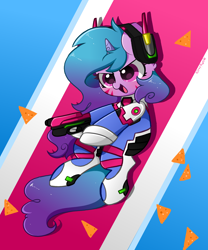 Size: 4024x4830 | Tagged: safe, artist:kittyrosie, imported from derpibooru, izzy moonbow, pony, unicorn, action pose, chips, clothes, cosplay, costume, d.va, doritos, food, g5, gun, handgun, open mouth, overwatch, pistol, solo, whisker markings