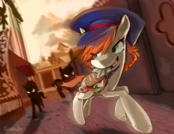 Size: 792x612 | Tagged: safe, artist:hinoraito, imported from derpibooru, oc, oc only, pony, cap, chase, food, hat, running, sandwich