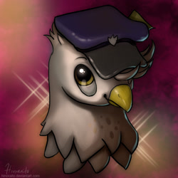 Size: 600x600 | Tagged: safe, artist:hinoraito, imported from derpibooru, oc, oc only, griffon, bust, hat, mailmare hat, portrait, solo