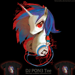 Size: 1299x1299 | Tagged: safe, artist:hinoraito, imported from derpibooru, dj pon-3, vinyl scratch, pony, unicorn, bust, clothes, eyelashes, headphones, merchandise, official, portrait, red eyes, shirt, solo, t-shirt, welovefine