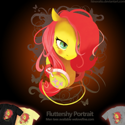 Size: 1299x1299 | Tagged: safe, artist:hinoraito, imported from derpibooru, fluttershy, pony, blushing, bust, clothes, female, headphones, merchandise, official, portrait, shirt, solo, t-shirt, welovefine