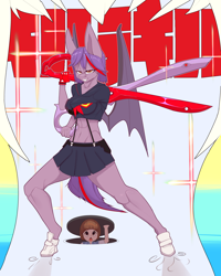 Size: 2800x3500 | Tagged: safe, artist:chapaevv, imported from derpibooru, oc, oc:clair de lune, anthro, bat pony, human, anime, bat wings, boots, clothes, commission, costume, crossover, female, kill la kill, looking at you, mako mankanshoku, multicolored hair, offscreen character, pov, scissors, shoes, wings