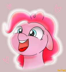 Size: 2388x2616 | Tagged: safe, artist:twiliset, imported from derpibooru, pinkie pie, earth pony, pony, happy, heart, heart eyes, light, looking at you, open mouth, simple background, smiling, smiling at you, solo, wingding eyes