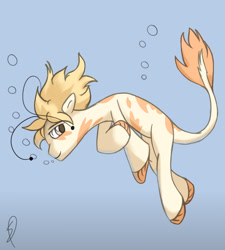 Size: 1280x1423 | Tagged: safe, artist:isuvyw, imported from derpibooru, oc, oc only, earth pony, pony, blue background, brown eyes, brown mane, bubble, fins, flowing mane, flowing tail, koi pony, male, ocean, signature, simple background, smiling, solo, stallion, tail, underwater, water